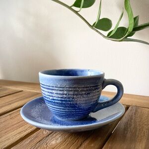 studio pottery tea cup saucer set handthrown coffee mug plate ceramic art blue
